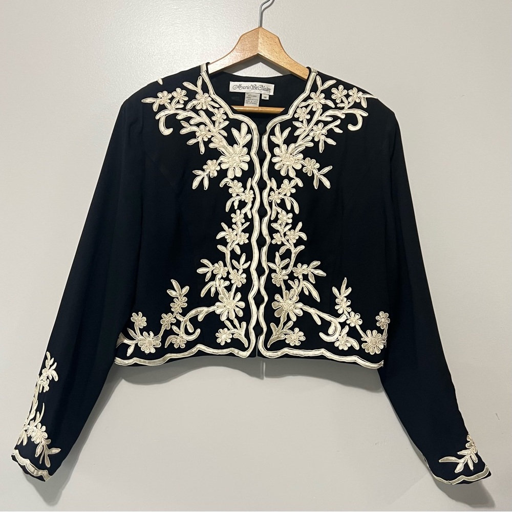 Vintage Marie St Claire Linen Jacket Cropped Bolero Black Embroidered Size 14